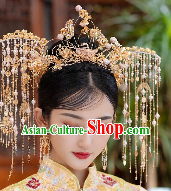 Chinese Classical Bride Tassel Phoenix Coronet Traditional Wedding Hair Accessories Xiuhe Suit Swan Hair Crown