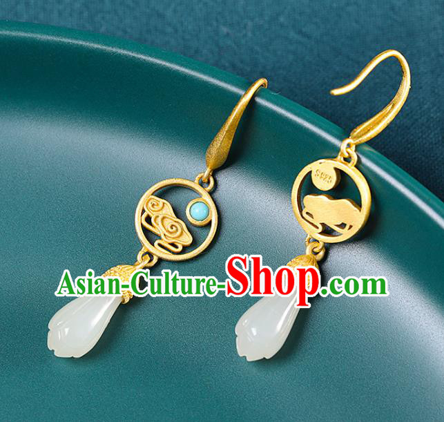 China Handmade Golden Cloud Earrings Traditional Cheongsam Hetian Jade Ear Accessories