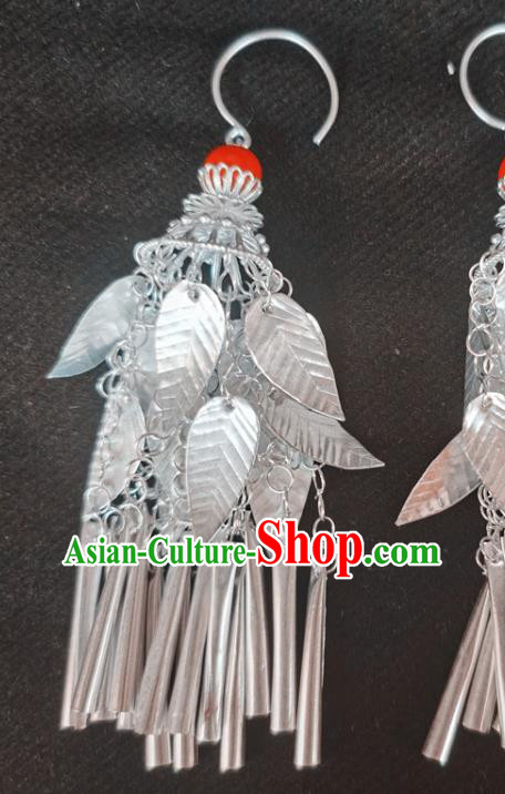 China Traditional Yi Nationality Silver Leaf Ear Accessories Handmade Liangshan Ethnic Bride Earrings