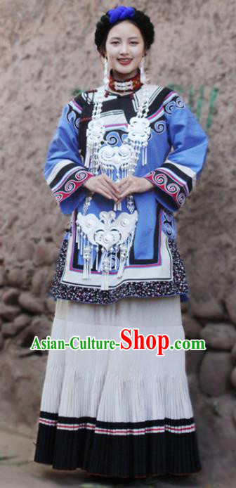 China Yi Nationality Stage Performance Outfits Clothing Traditional Liangshan Ethnic Folk Dance Costumes and Headwear