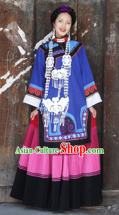 China Yi Nationality Folk Dance Outfits Clothing Traditional Liangshan Ethnic Wedding Bride Costumes and Headpiece