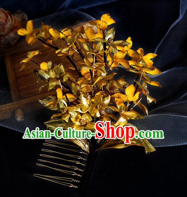 Chinese Handmade Ancient Empress Hairpin Traditional Ming Dynasty Golden Flowers Hair Comb