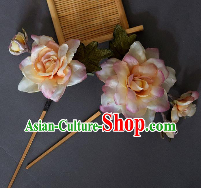 Chinese Handmade Ancient Court Woman Hairpin Traditional Ming Dynasty Pink Silk Gardenia Hair Stick