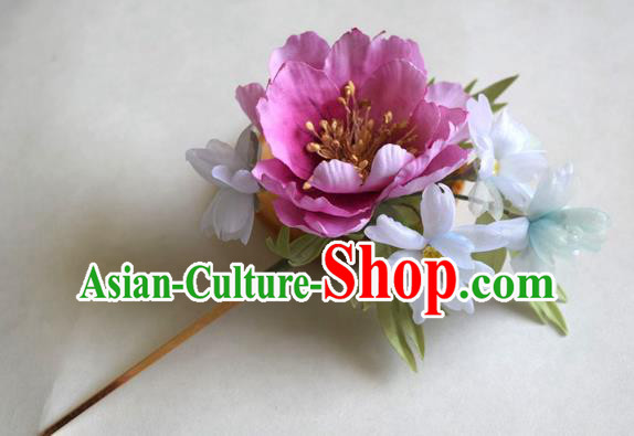 Chinese Classical Cheongsam Pink Silk Peony Hairpin Traditional Hanfu Ancient Imperial Concubine Hair Stick