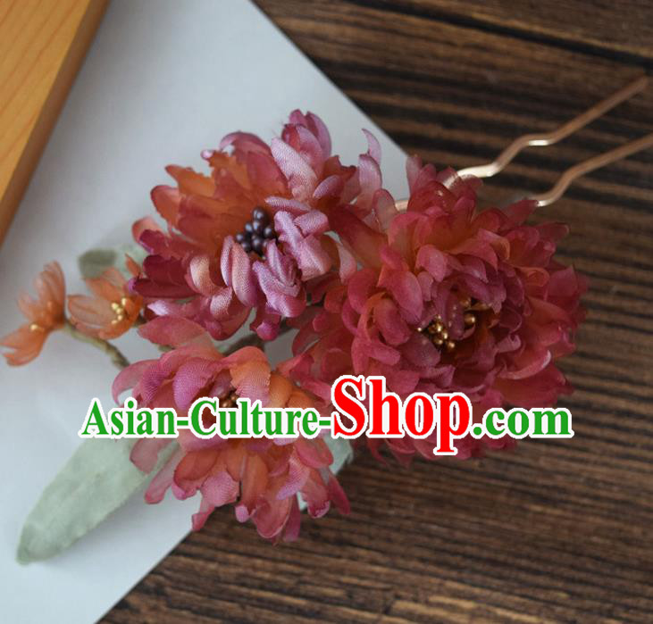 Chinese Cheongsam Hairpin Traditional Ming Dynasty Red Silk Chrysanthemum Hair Stick Handmade Hair Accessories