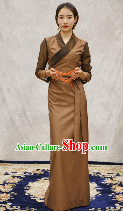 China Zang Nationality Woman Informal Clothing Tibetan Ethnic Brown Bola Dress