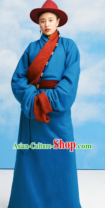 China Tibetan Ethnic Blue Robe Costume Zang Nationality Woman Folk Dance Clothing
