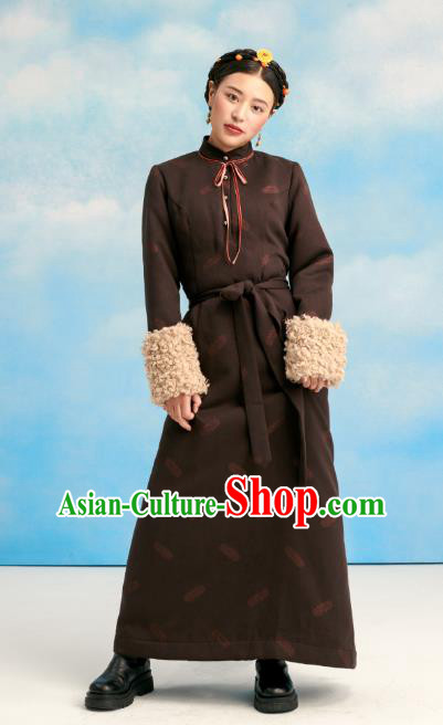 China Zang Nationality Deep Brown Bola Dress Clothing Tibetan Ethnic Stage Performance Costume