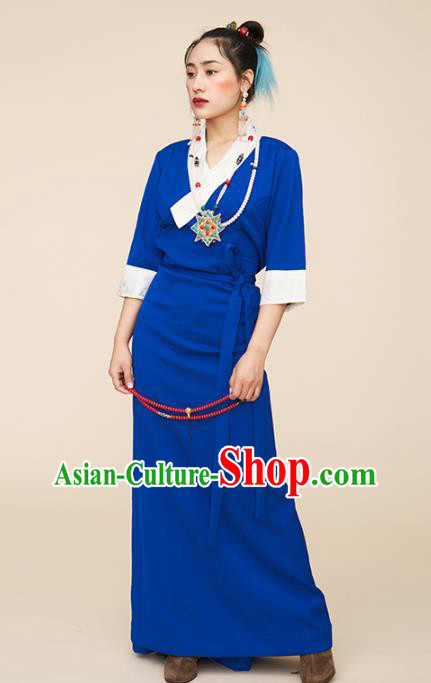 China Zang Nationality Blue Bola Dress Tibetan Ethnic Woman Folk Dance Clothing
