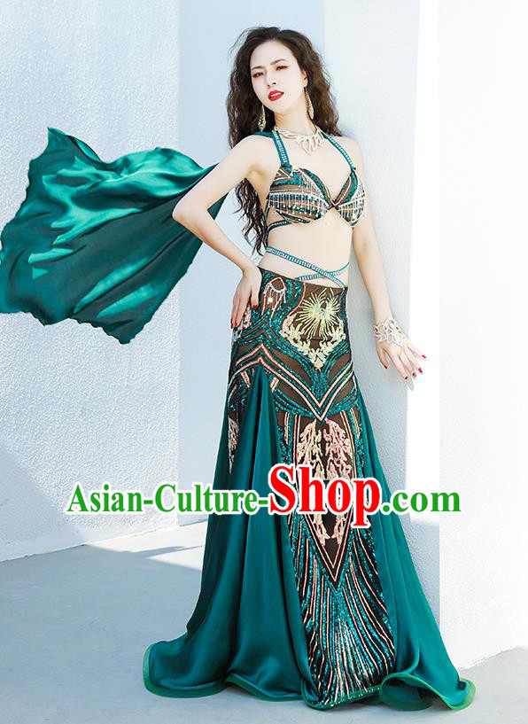 Traditional Oriental Dance Group Dance Clothing Asian Indian Belly Dance Luxury Outfits Bra and Green Skirt