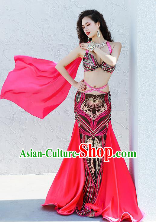 Asian Indian Belly Dance Luxury Outfits Bra and Rosy Skirt Traditional Oriental Dance Group Dance Clothing