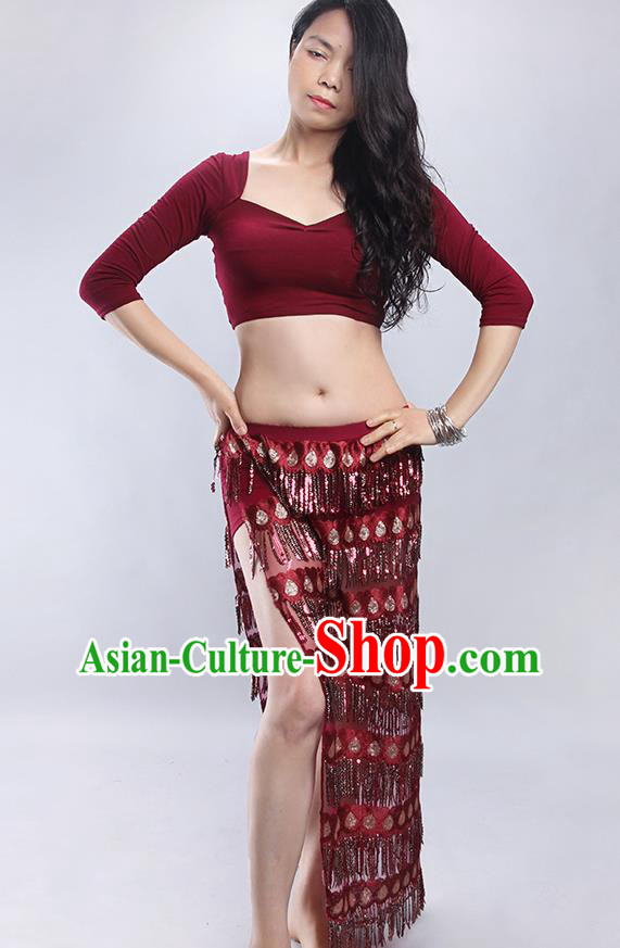 Asian Oriental Dance Training Top and Tassel Skirt Clothing Indian Traditional Belly Dance Wine Red Outfits
