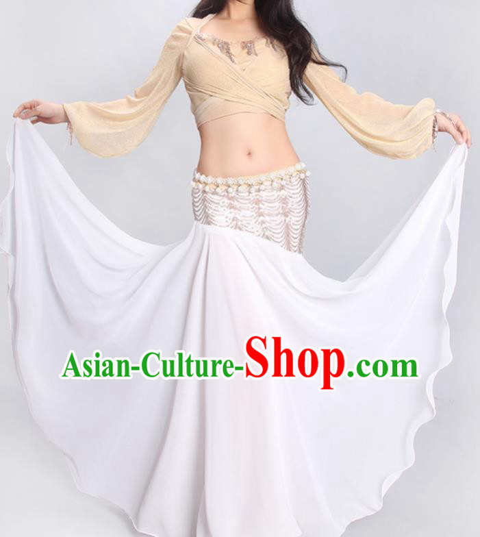 Indian Traditional Belly Dance Outfits Asian Oriental Dance Training Beige Blouse and White Skirt Clothing