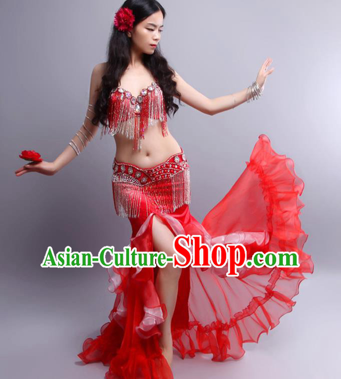 Indian Traditional Belly Dance Red Sexy Tassel Outfits Asian Oriental Dance Stage Performance Clothing