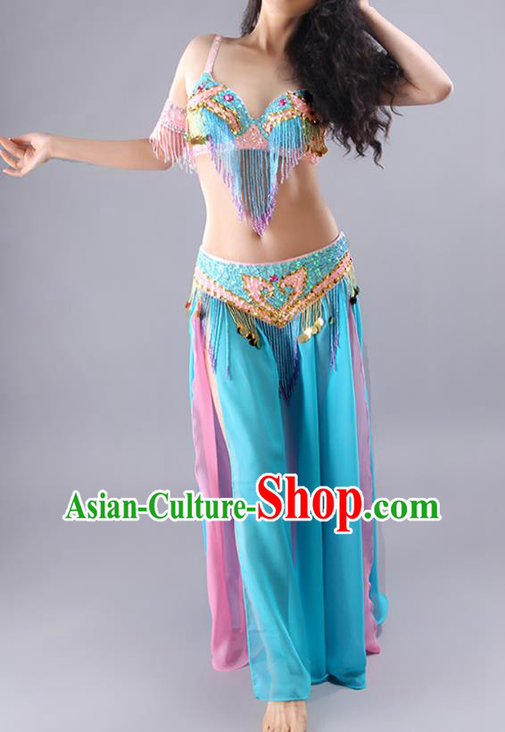 Traditional Asian Indian Belly Dance Stage Performance Clothing India Oriental Dance Beads Tassel Bra and Blue Skirt Outfits