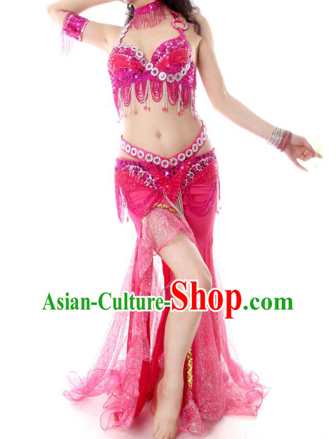 India Belly Dance Beads Tassel Rosy Bra and Skirt Asian Indian Raks Sharki Dance Fashion Traditional Oriental Dance Costume