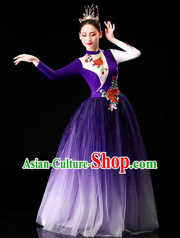 China Chorus Clothing Modern Dance Stage Performance Costume Opening Dance Purple Veil Dress