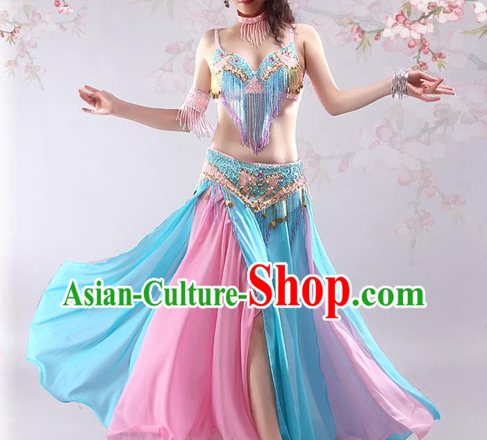 India Oriental Dance Tassel Bra and Blue Skirt Outfits Traditional Asian Indian Belly Dance Group Dance Clothing