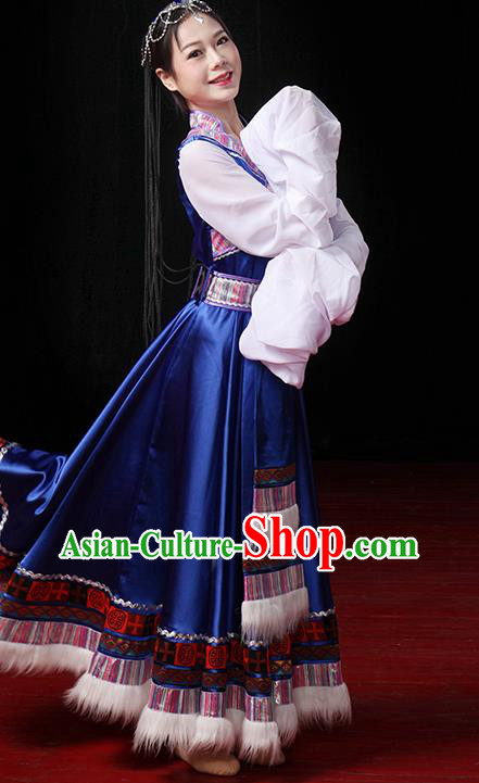China Traditional Zang Ethnic Stage Performance Water Sleeve Clothing Tibetan Nationality Dance Royalblue Dress Outfits
