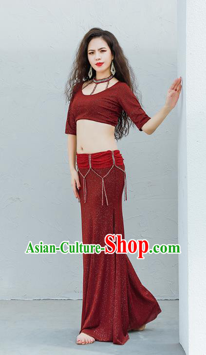 Indian Traditional Oriental Dance Dark Red Top and Skirt Uniforms Asian Raks Sharki Belly Dance Training Costume