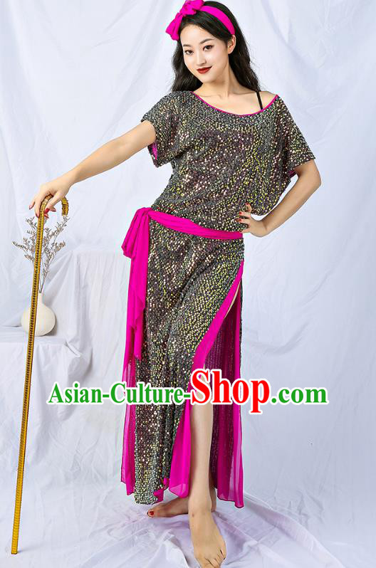Asian Oriental Dance Grey Sequins Robe India Traditional Belly Dance Dress Clothing