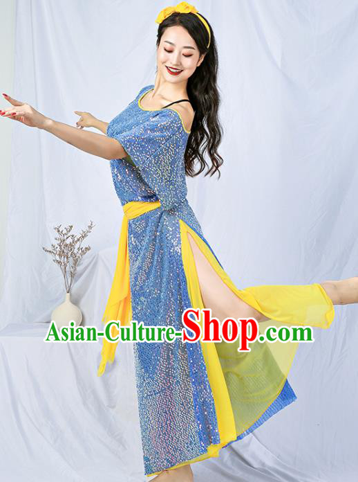 Asian Oriental Dance Sequins Robe India Traditional Belly Dance Stage Performance Blue Dress Clothing