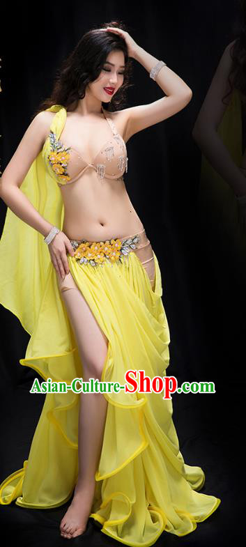 Traditional Asian Oriental Dance Clothing Indian Belly Dance Stage Performance Bra and Yellow Veil Skirt Outfits