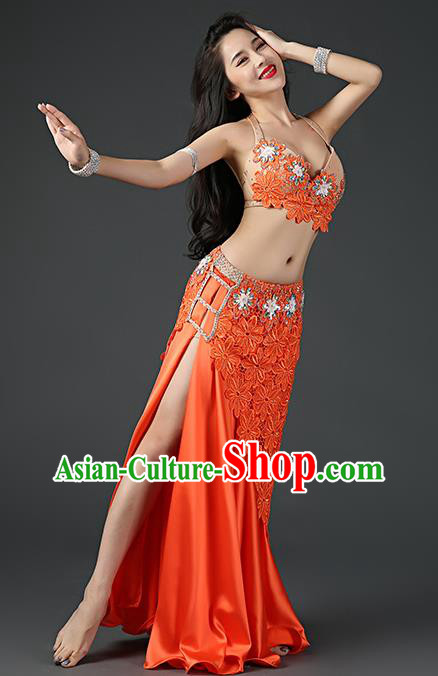 Asian Stage Performance Clothing Oriental Dance Embroidered Bra and Skirt Traditional Indian Belly Dance Orange Outfits