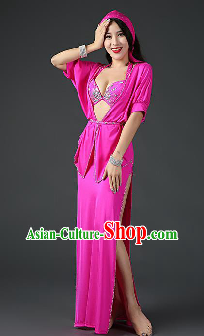 Traditional Indian Belly Dance Rosy Outfits Stage Performance Clothing Asian Oriental Dance Bra Blouse and Skirt