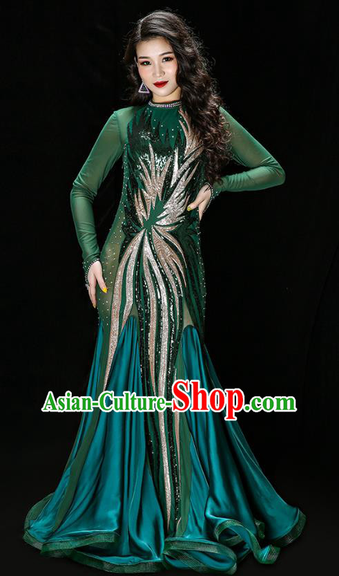 Traditional Oriental Dance Competition Costumes Asian Indian Belly Dance Embroidered Sequins Green Dress
