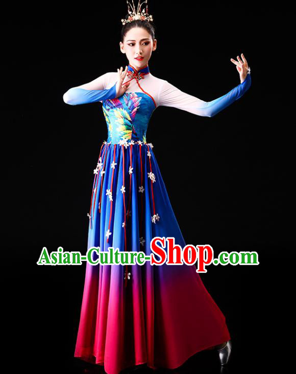 China Classical Dance Clothing Chorus Group Costume Opening Dance Blue Dress