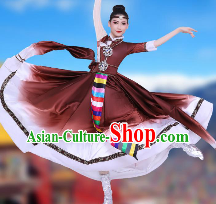 Chinese Traditional Zang Nationality Folk Dance Clothing Xizang Tibetan Ethnic Performance Brown Dress