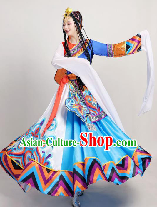 Chinese Traditional Zang Nationality Stage Performance Clothing Xizang Tibetan Ethnic Dance Water Sleeve Dress