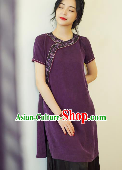 China Tang Suit Embroidered Shirt National Women Clothing Classical Purple Silk Short Sleeve Blouse