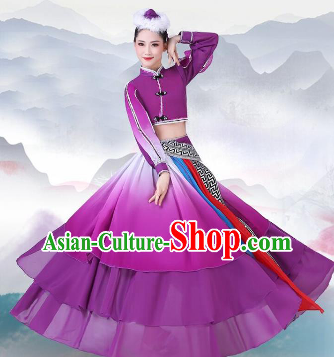 Chinese Traditional Mongolian Nationality Dance Clothing Mongol Ethnic Folk Dance Purple Dress Outfits