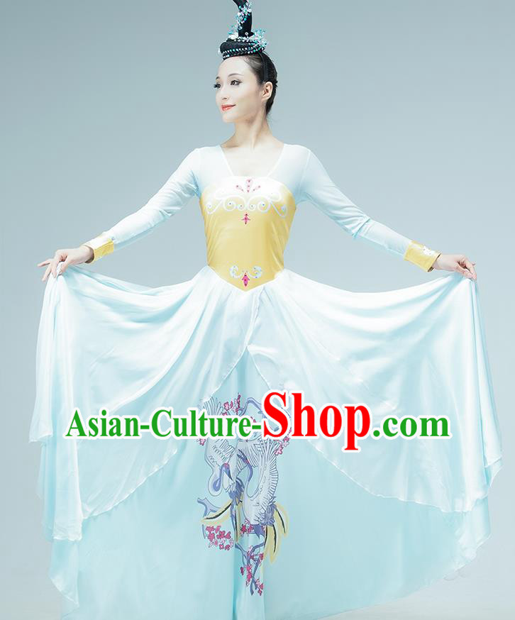 Chinese Fan Dance Printing Blue Outfits Classical Dance Stage Performance Clothing
