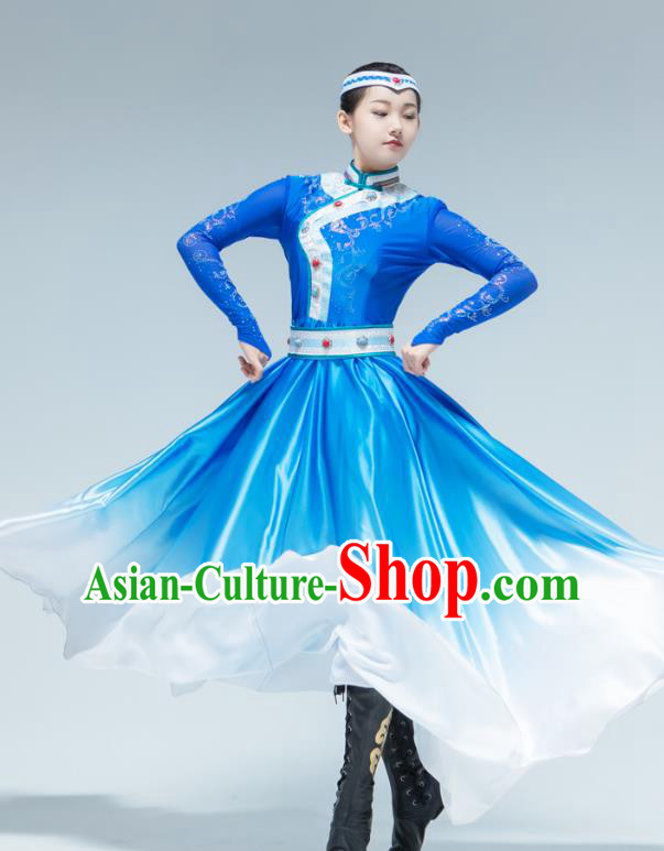Chinese Mongol Ethnic Female Performance Clothing Traditional Mongolian Nationality Dance Blue Dress