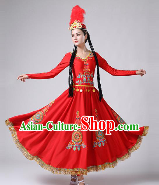 Chinese Xinjiang Ethnic Stage Performance Clothing Traditional Uyghur Nationality Folk Dance Red Dress