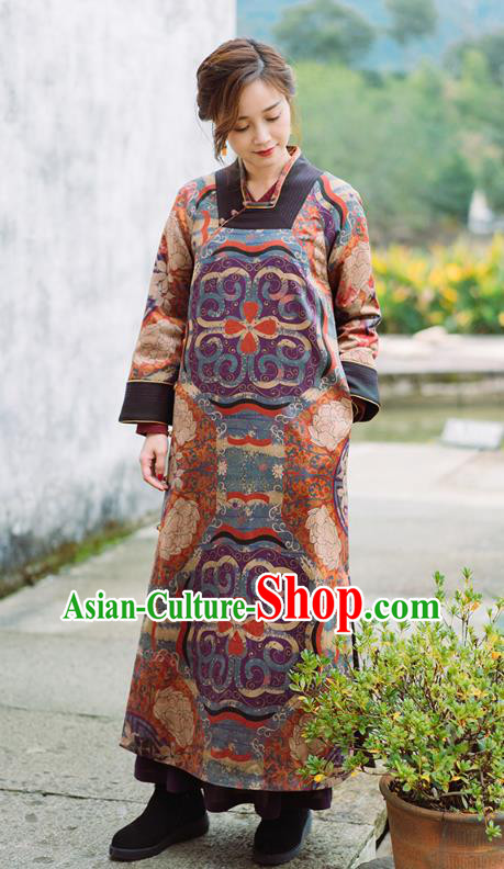 China Tang Suit Winter Long Gown National Women Clothing Classical Silk Cotton Wadded Coat