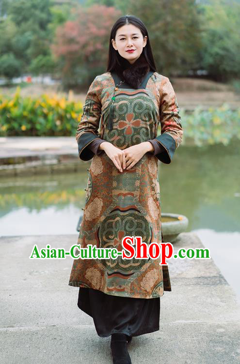 China Classical Green Silk Cotton Wadded Coat Tang Suit Winter Long Gown National Women Clothing