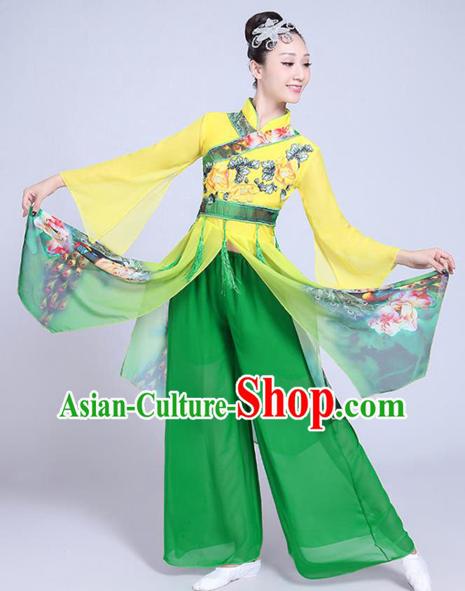 China Folk Dance Clothing Fan Dance Costume Spring Festival Gala Yangko Dance Printing Green Outfits