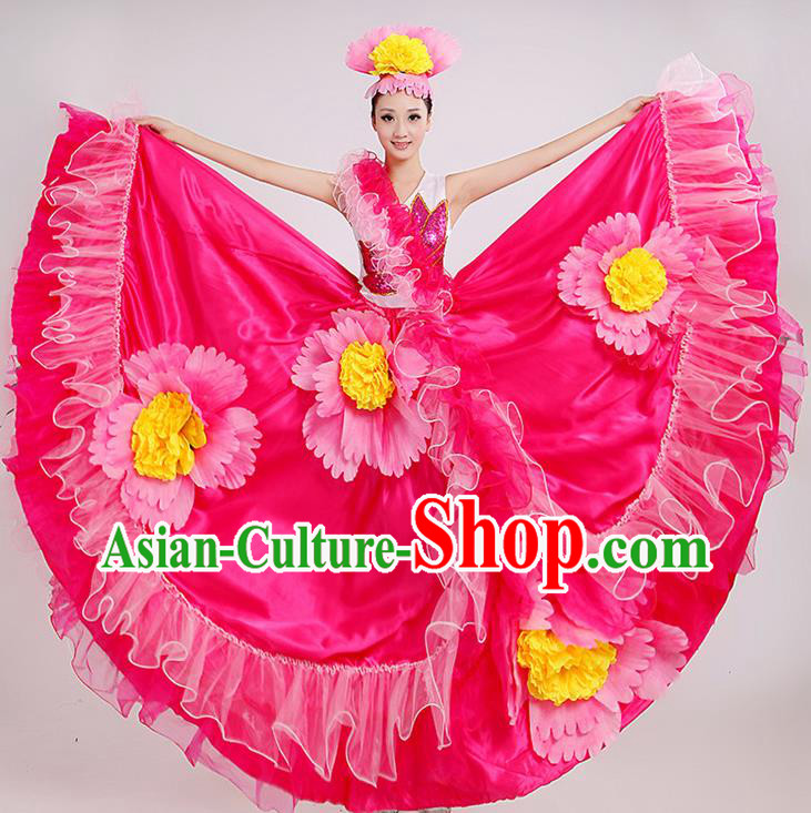 China Modern Dance Stage Performance Costume Opening Dance Rosy Dress Peony Flower Dance Clothing