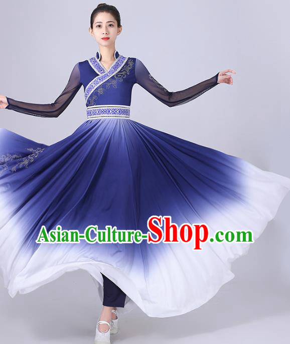 Chinese Mongolian Ethnic Folk Dance Clothing Traditional Mongol Nationality Stage Performance Blue Dress