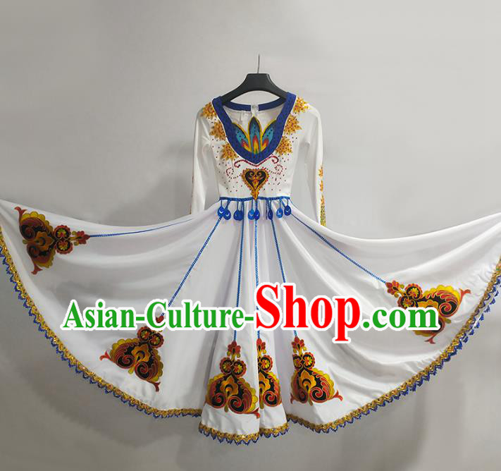 Chinese Xinjiang Ethnic Folk Dance Clothing Traditional Uyghur Nationality Stage Performance White Dress