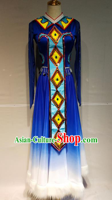 Chinese Traditional Ewenki Nationality Dance Royalblue Dress Ethnic Stage Performance Clothing