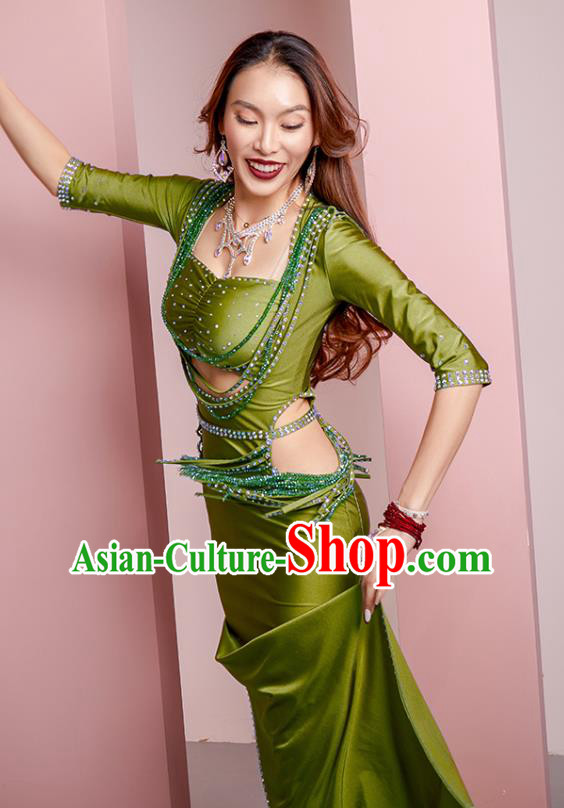Professional Indian Oriental Dance Belly Dance Training Clothing Asian Raks Sharki Diamante Green Robe Outfits