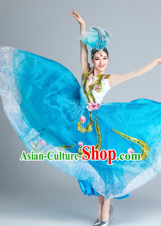 China Modern Dance Clothing Peony Dance Costume Opening Dance Stage Performance Blue Dress