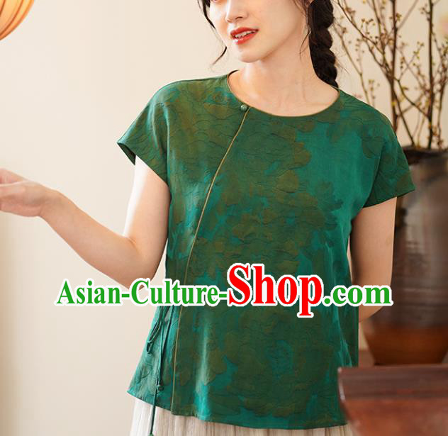 China Tang Suit Shirt National Women Clothing Classical Jacquard Green Silk Blouse