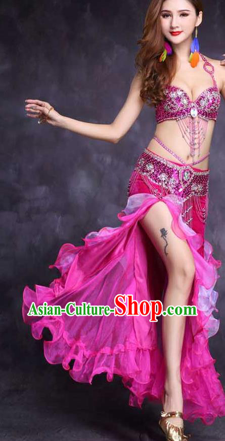 India Female Oriental Dance Stage Performance Clothing High Indian Belly Dance Diamante Rosy Bra Outfits