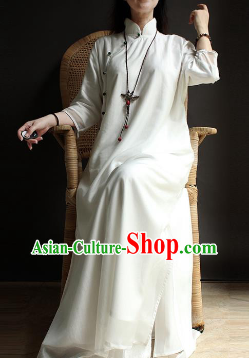 China Traditional Stand Collar Qipao Dress National Women Zen Clothing Classical White Cheongsam